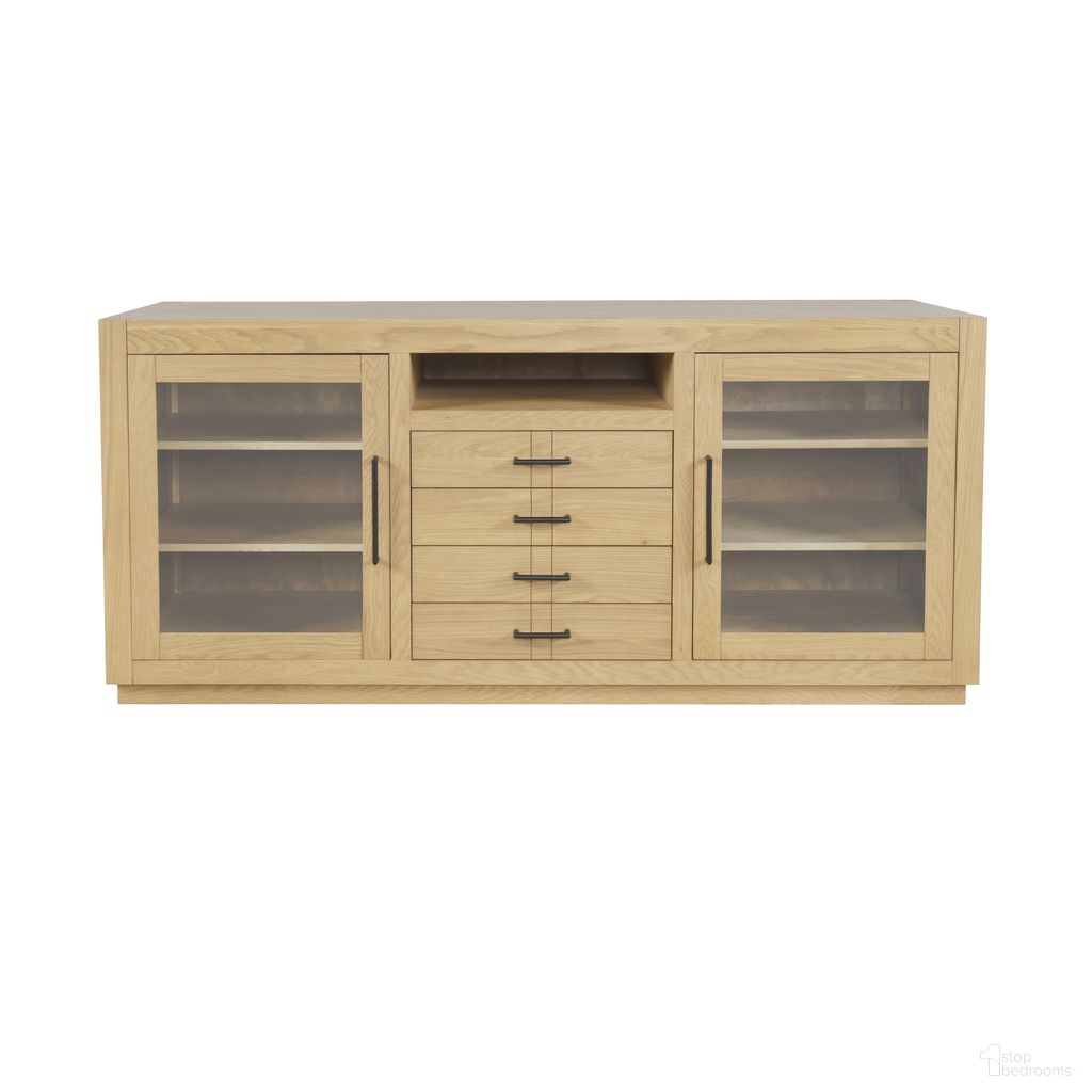 Auburn Hills 70 Inch Media Console with Tempered Glass Doors, Drawers and Adjustable Shelves In Light Oak