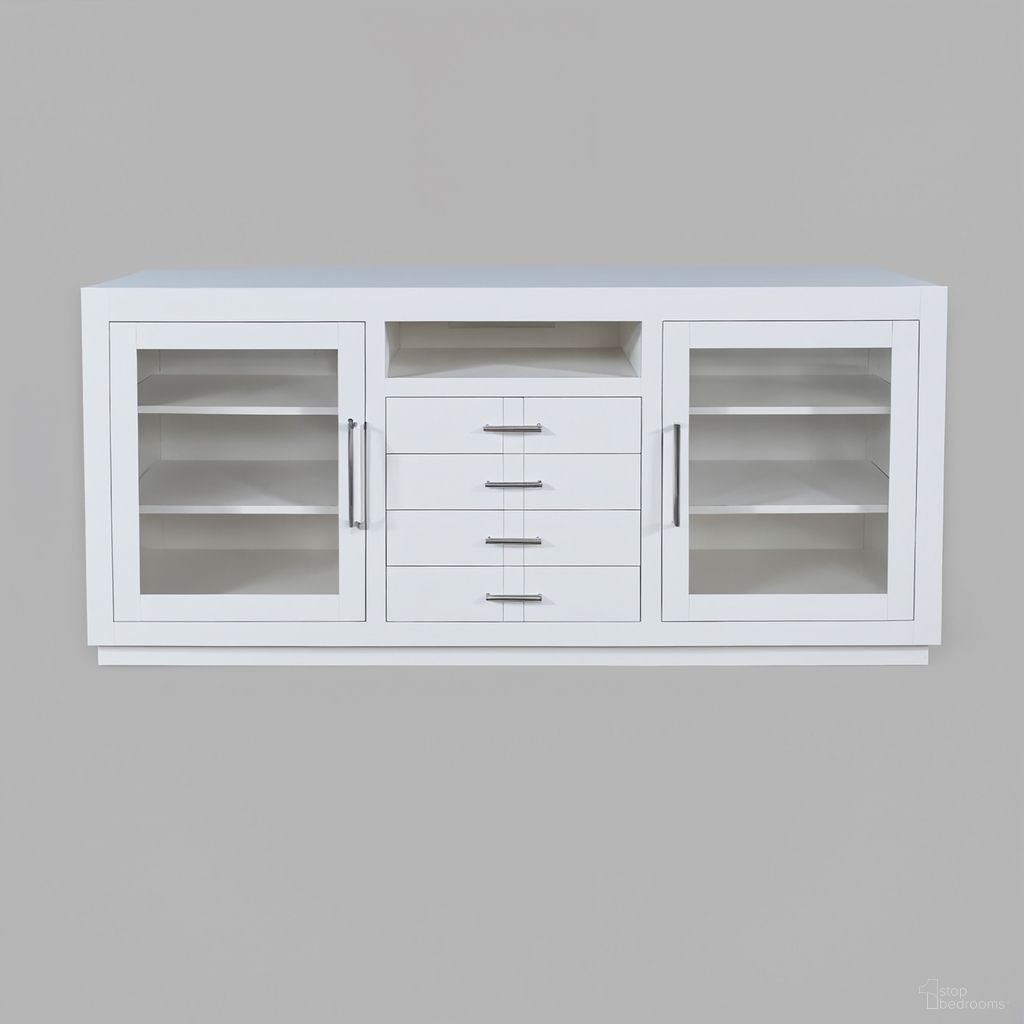 Auburn Hills 70 Inch Media Console with Tempered Glass Doors, Drawers and Adjustable Shelves In White