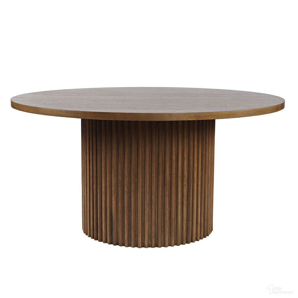 The appearance of Auden 60 Inch Round Fluted Pedestal Base Dining Table In Chestnut designed by Jofran in the transitional interior design. This chestnut piece of furniture  was selected by 1StopBedrooms from Auden Collection to add a touch of cosiness and style into your home. Sku: 2421-AUDEN60CSB;2421-AUDEN60CST. Table Base Style: Pedestal. Table Top Shape: Round. Material: MDF. Size: 60".