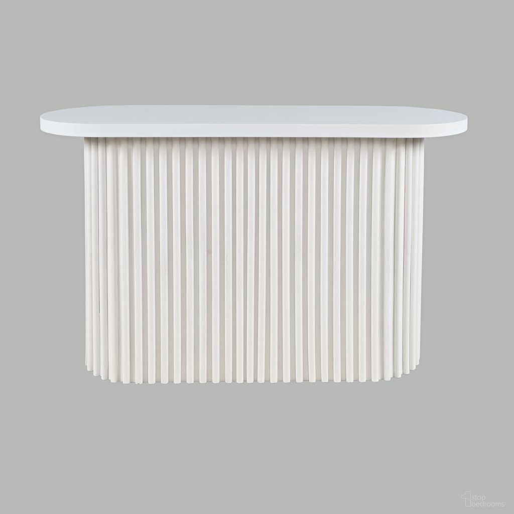 The appearance of Auden Oval Fluted Pedestal Base Sofa Console Table In White designed by Jofran in the modern / contemporary interior design. This white piece of furniture  was selected by 1StopBedrooms from Auden Collection to add a touch of cosiness and style into your home. Sku: 2420-4TWHT;2420-4BWHT. Material: MDF.
