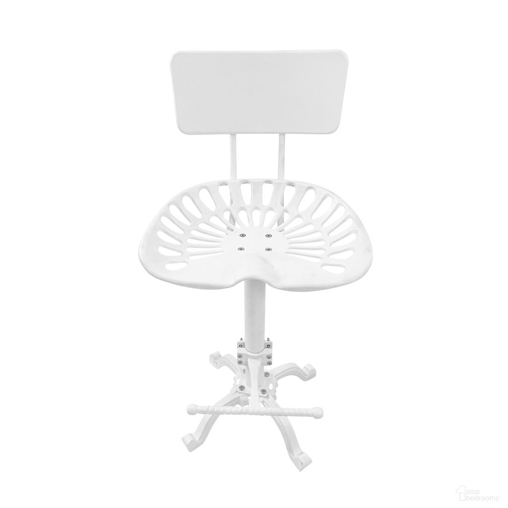 The appearance of August Tractor Seat Barstool with Back In White designed by Carolina Living in the industrial interior design. This white piece of furniture was selected by 1StopBedrooms from August Collection to add a touch of cosiness and style into your home. Sku: 3400WB-WHT. Material: Cast Iron.