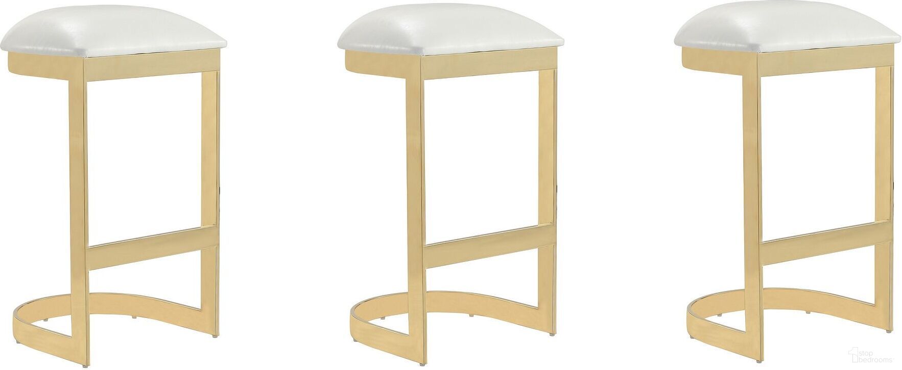 The appearance of Aura Bar Stool in White and Polished Brass (Set of 3) designed by Manhattan Comfort in the modern / contemporary interior design. This white piece of furniture  was selected by 1StopBedrooms from Aura Collection to add a touch of cosiness and style into your home. Sku: BS006-WH;BS006-WH;BS006-WH. Material: Stainless Steel.