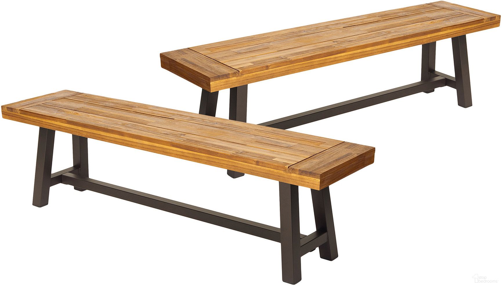The appearance of Aura Outdoor Bench with Slat Top and Metal Legs In Brown - Set of 2 designed by Noble House in the rustic / southwestern interior design. This brown piece of furniture  was selected by 1StopBedrooms from Aura Collection to add a touch of cosiness and style into your home. Sku: 54562.00. Material: Acacia Wood.