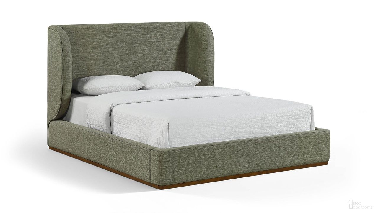 Aurin Linen Textured Fabric Upholstered Queen Bed In Olive Green
