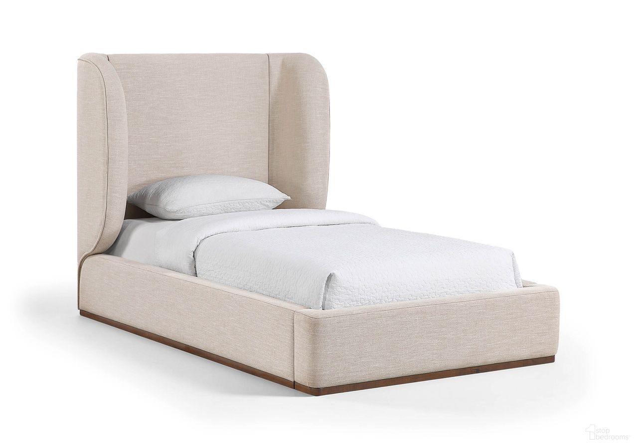 Aurin Linen Textured Fabric Upholstered Twin Bed In Beige