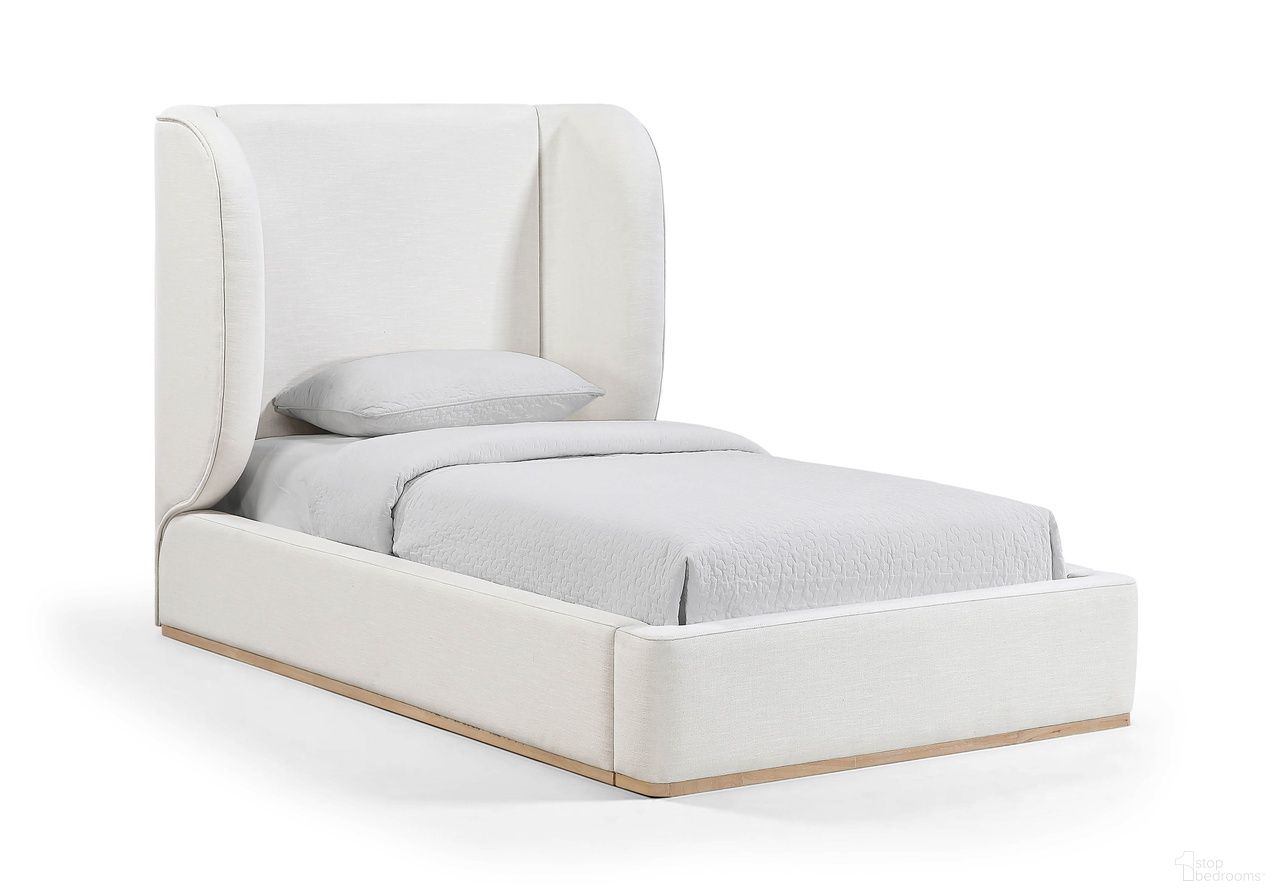 Aurin Linen Textured Fabric Upholstered Twin Bed In Cream