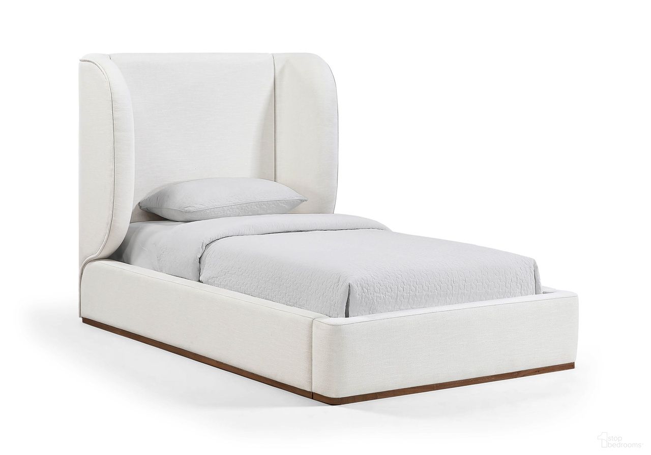 Aurin Linen Textured Fabric Upholstered Twin Bed In Cream