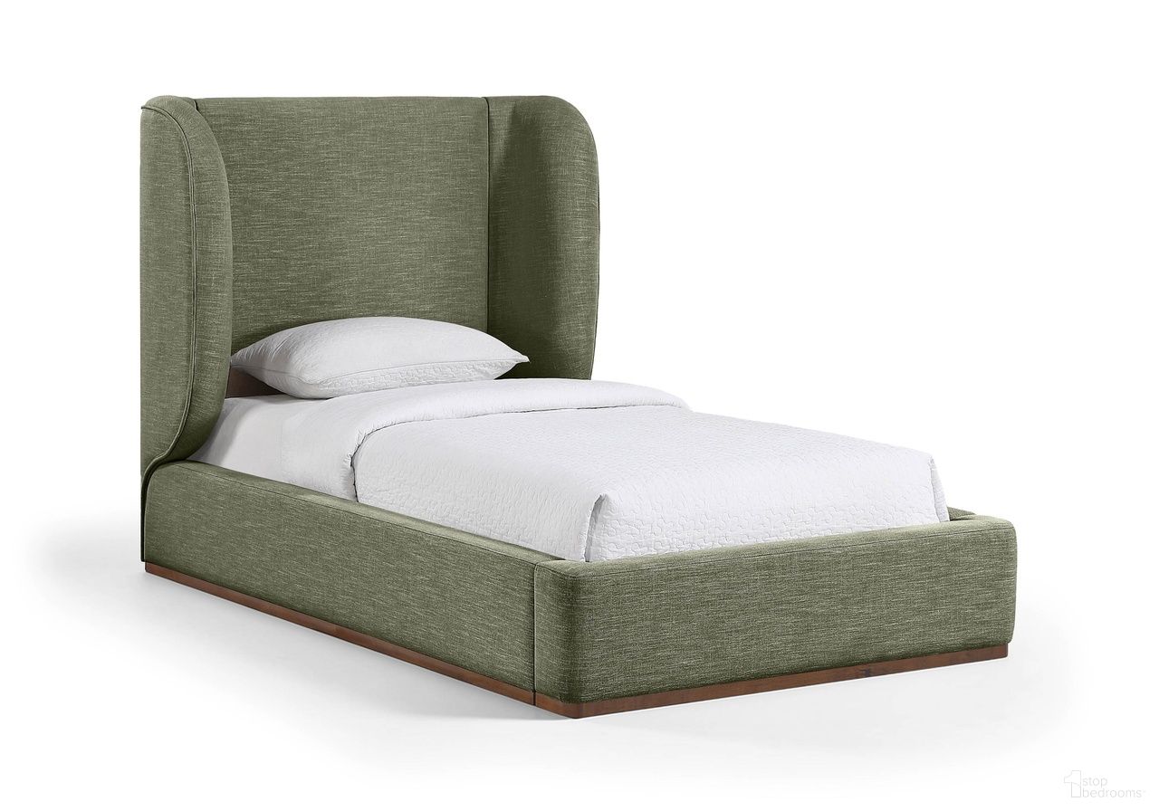 Aurin Linen Textured Fabric Upholstered Twin Bed In Olive Green