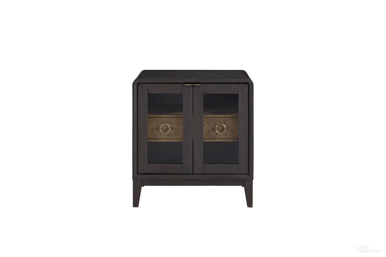The appearance of Aurora Glass Door Nightstand In Peppercorn designed by Bernell in the transitional interior design. This peppercorn piece of furniture  was selected by 1StopBedrooms from Aurora Collection to add a touch of cosiness and style into your home. Sku: 3198-123. Material: Hardwood.