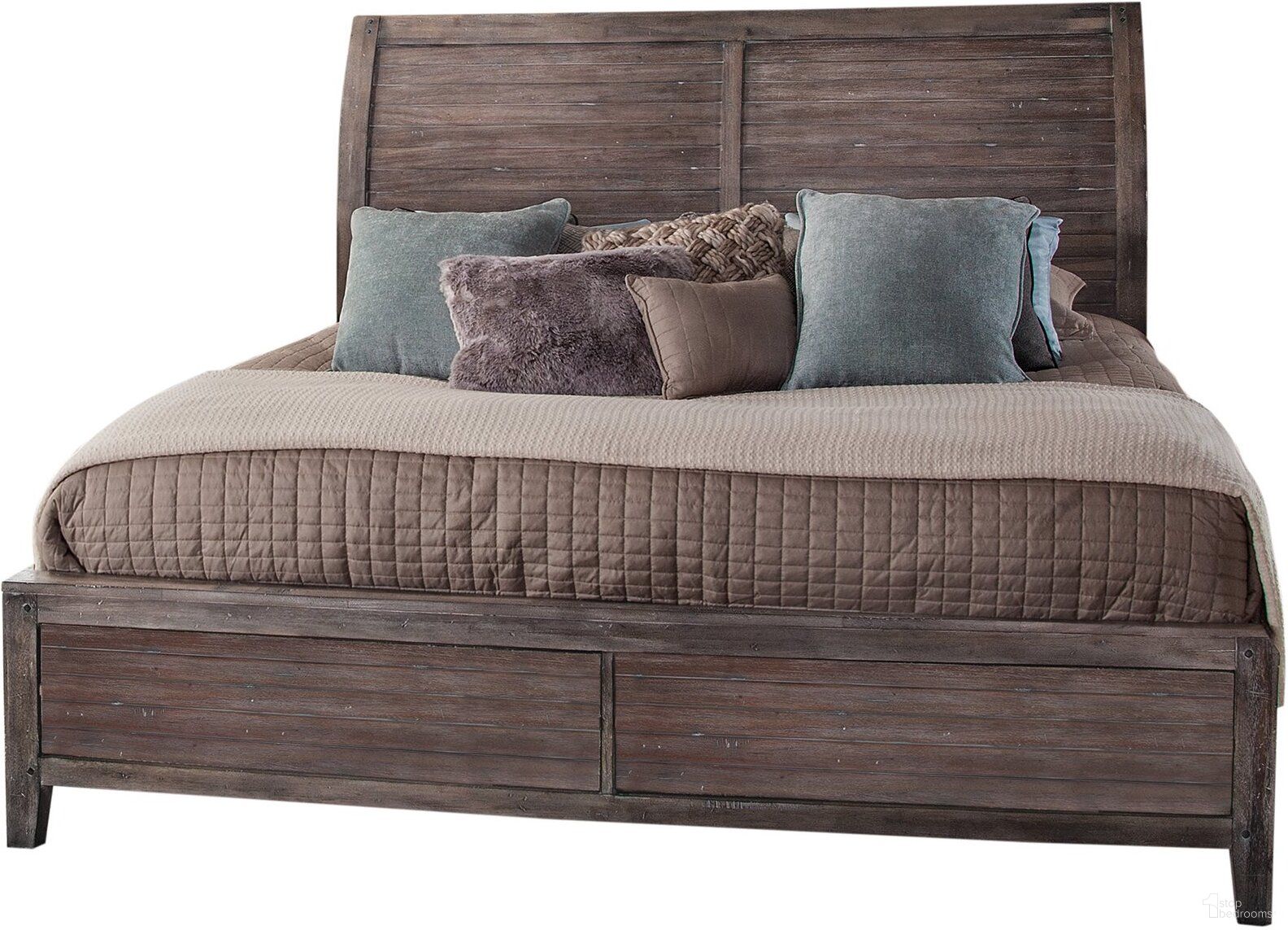 The appearance of Aurora King Sleigh Bed with Panel Footboard In Weathered Grey designed by American Woodcrafters in the industrial interior design. This weathered grey piece of furniture  was selected by 1StopBedrooms from Aurora Collection to add a touch of cosiness and style into your home. Sku: 2800-964;2800-962;2800-880. Bed Type: Sleigh Bed. Bed Size: King. Material: Rubberwood.