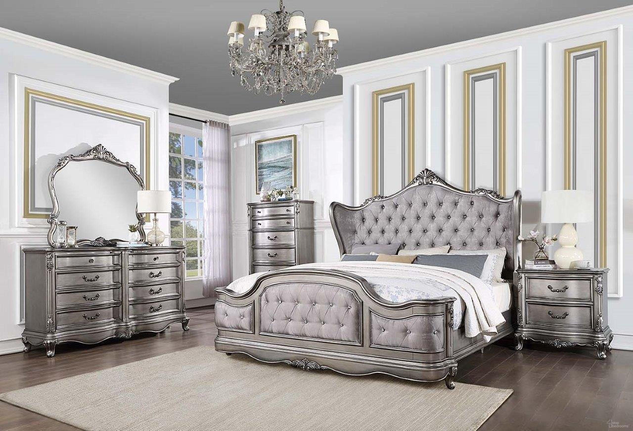The appearance of Ausonia Bedroom Set In Antique Platinum Finish designed by ACME in the transitional interior design. This antique platinum piece of furniture was selected by 1StopBedrooms from Ariadne Collection to add a touch of cosiness and style into your home. Sku: BD00601CKEK1;BD00601CKEK2;BD00602EKQ3;BD00604. Bed Type: Panel Bed. Material: Wood. Bed Size: King.