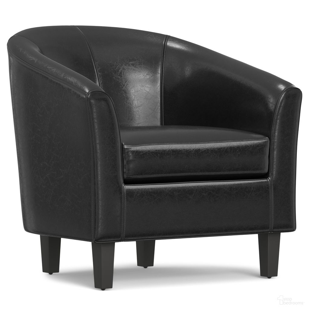 The appearance of Austin Tub Vegan Faux Leather Chair In Black designed by Simpli Home in the modern / contemporary interior design. This black piece of furniture was selected by 1StopBedrooms from Austin Collection to add a touch of cosiness and style into your home. Sku: AXCTUB-002. Material: Faux Leather.