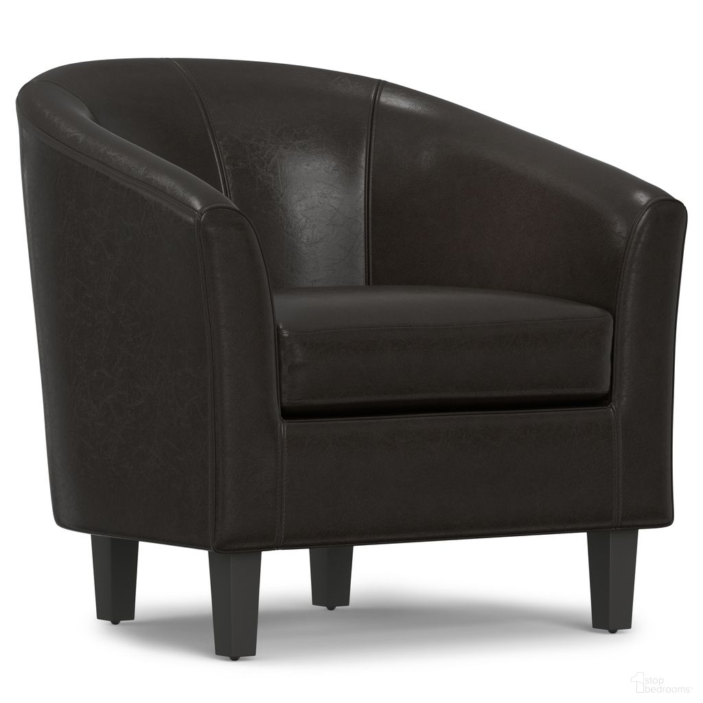 The appearance of Austin Vegan Faux Leather Tub Chair In Brown designed by Simpli Home in the modern / contemporary interior design. This brown piece of furniture  was selected by 1StopBedrooms from Austin Collection to add a touch of cosiness and style into your home. Sku: AXCTUB-001. Material: Faux Leather.