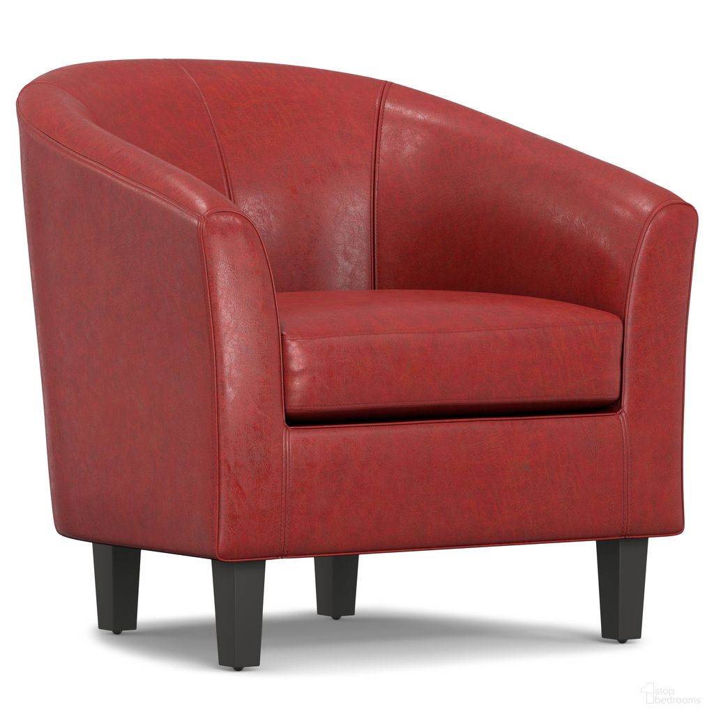 The appearance of Austin Vegan Faux Leather Tub Chair In Red designed by Simpli Home in the modern / contemporary interior design. This red piece of furniture  was selected by 1StopBedrooms from Austin Collection to add a touch of cosiness and style into your home. Sku: AXCTUB-003. Material: Faux Leather.