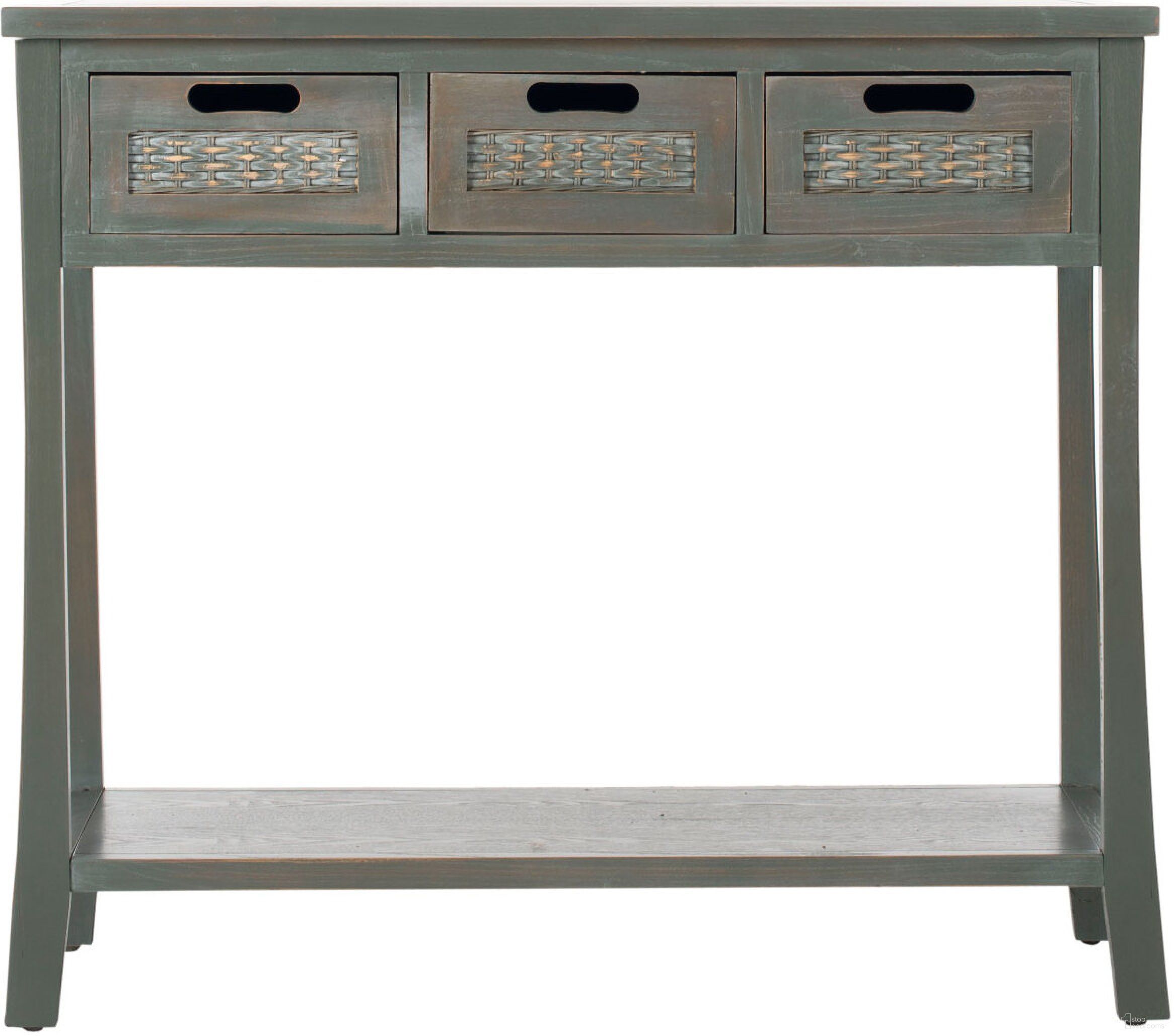 The appearance of Autumn French Gray 3-Drawer Console designed by Safavieh in the rustic / southwestern interior design. This gray piece of furniture  was selected by 1StopBedrooms from Autumn Collection to add a touch of cosiness and style into your home. Sku: AMH6510D. Material: Wood.