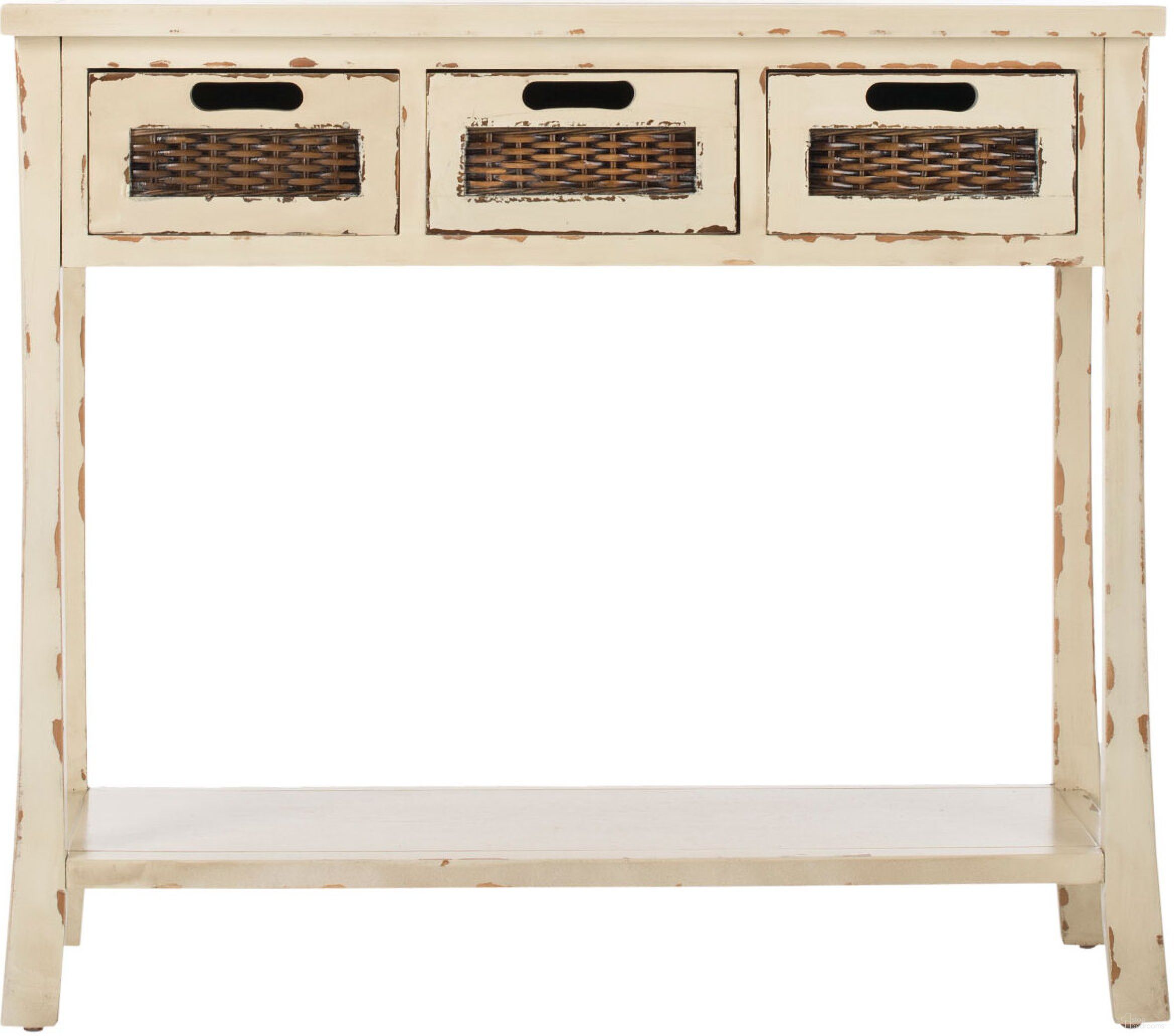 The appearance of Autumn Vintage Cream 3-Drawer Console designed by Safavieh in the rustic / southwestern interior design. This cream piece of furniture was selected by 1StopBedrooms from Autumn Collection to add a touch of cosiness and style into your home. Sku: AMH6510C. Material: Wood.