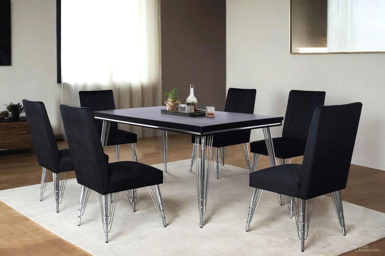 The appearance of Ava Dining Room Set In Black and Silver designed by New Classic in the modern / contemporary interior design. This black/silver piece of furniture  was selected by 1StopBedrooms from Ava Collection to add a touch of cosiness and style into your home. Sku: D1891-10;D1891-20. Table Top Shape: Rectangular. Material: Stainless Steel. Size: 71" x 35".