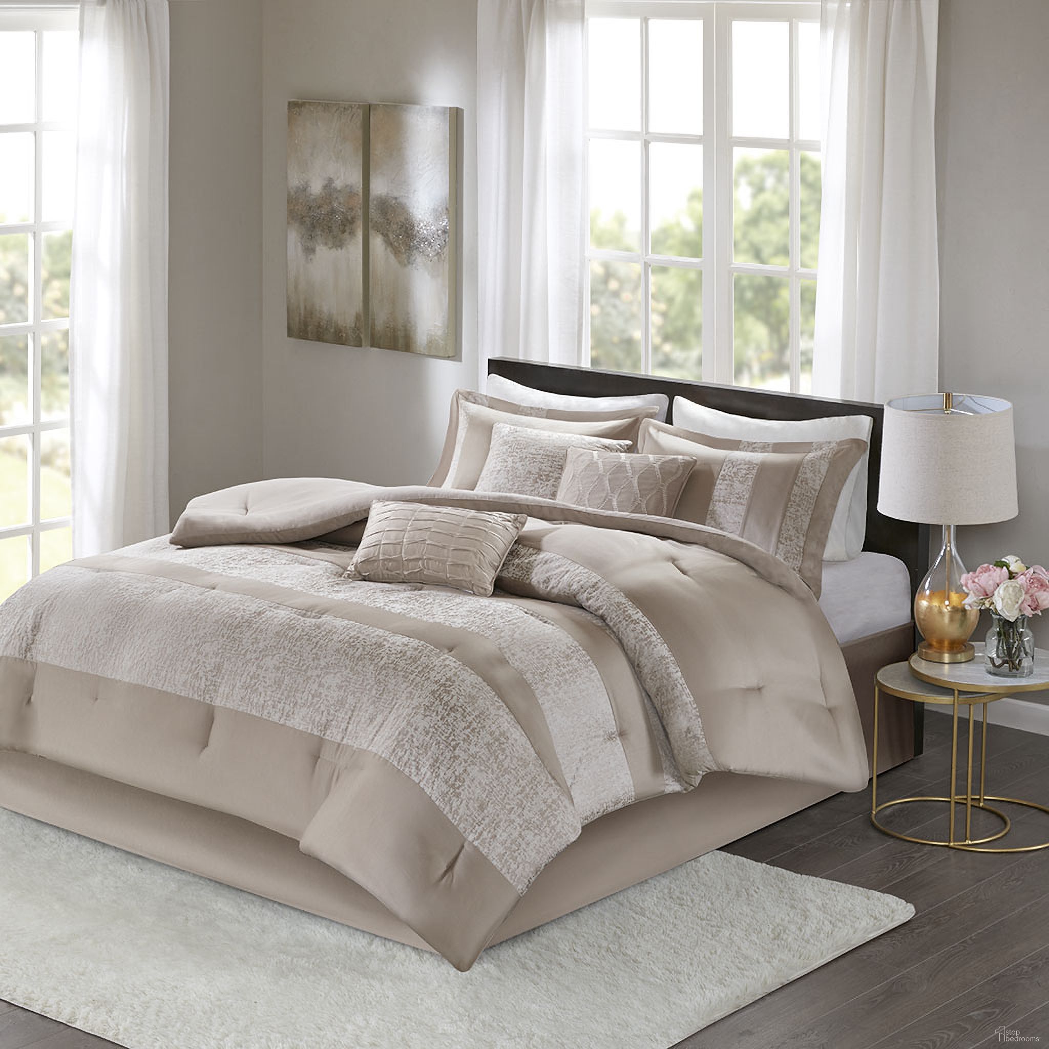 Ava Polyester 7 Piece Chenille Jacquard with Charmuse Pieced California King Comforter Set In Taupe