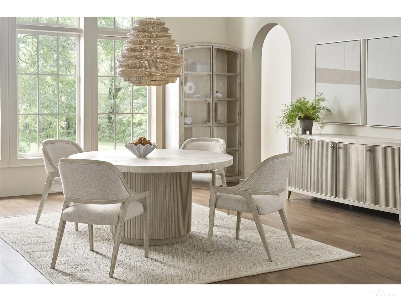 The appearance of Avaline Round Dining Room Set In White Oak designed by Universal in the modern / contemporary interior design. This white oak piece of furniture  was selected by 1StopBedrooms from Avaline Collection to add a touch of cosiness and style into your home. Sku: U428656;U428628P. Table Base Style: Pedestal. Table Top Shape: Round. Material: Wood. Size: 60".