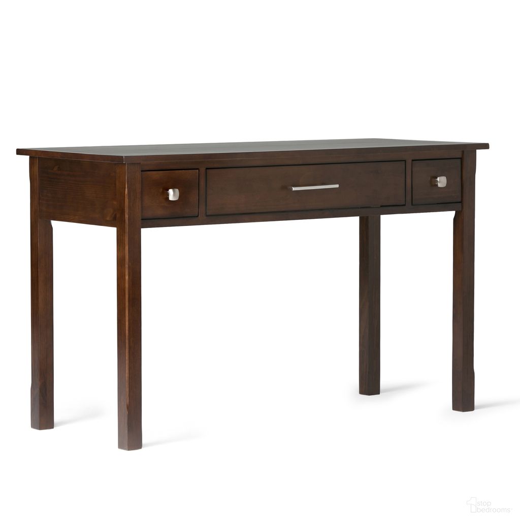 The appearance of Avalon Solid Wood Writing Office Desk In Dark Tobacco Brown designed by Simpli Home in the modern / contemporary interior design. This dark tobacco brown piece of furniture  was selected by 1StopBedrooms from Avalon Collection to add a touch of cosiness and style into your home. Sku: AXCAVA008. Material: Pine.