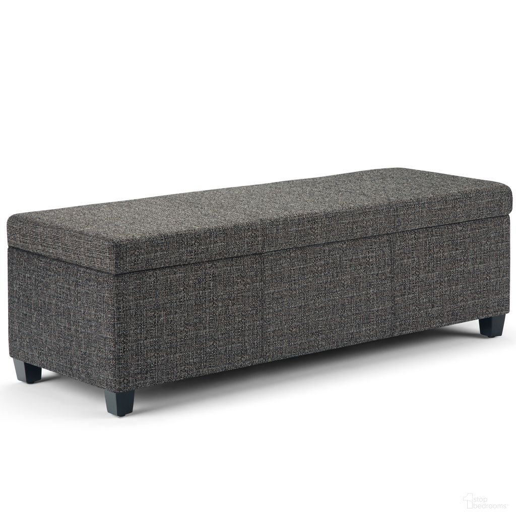 The appearance of Avalon Tweed Look Fabric Storage Ottoman Bench In Dark Grey designed by Simpli Home in the modern / contemporary interior design. This dark grey piece of furniture  was selected by 1StopBedrooms from Avalon Collection to add a touch of cosiness and style into your home. Sku: AXCF18-DGR. Material: Polyester.