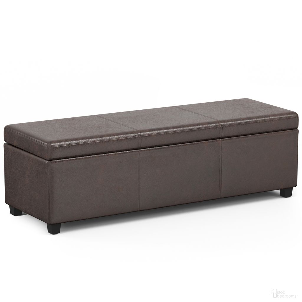 The appearance of Avalon Vegan Faux Leather Extra Large Storage Ottoman Bench In Distressed Brown designed by Simpli Home in the modern / contemporary interior design. This distressed brown piece of furniture  was selected by 1StopBedrooms from Avalon Collection to add a touch of cosiness and style into your home. Sku: AXCF18XL-DBR. Material: Faux Leather.