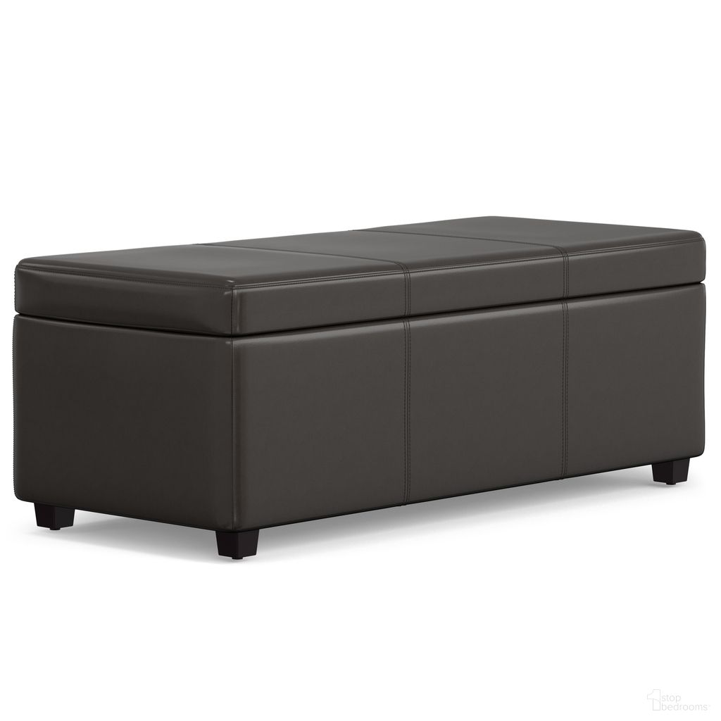 The appearance of Avalon Vegan Faux Leather Lift Top Rectangular Storage Ottoman In Tanners Brown designed by Simpli Home in the modern / contemporary interior design. This tanners brown piece of furniture  was selected by 1StopBedrooms from Avalon Collection to add a touch of cosiness and style into your home. Sku: AXCF18LT-BR. Material: Faux Leather.