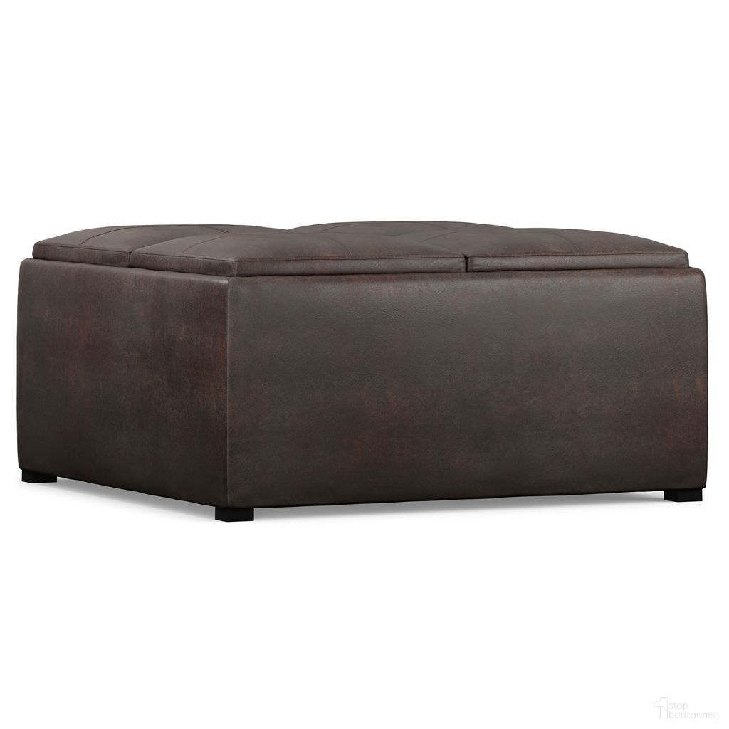 Avalon Vegan Faux Leather Square Coffee Table Storage Ottoman In Distressed Brown