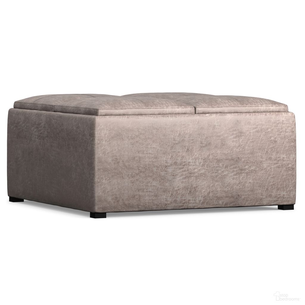 Avalon Vegan Faux Leather Square Coffee Table Storage Ottoman In Distressed Grey Taupe