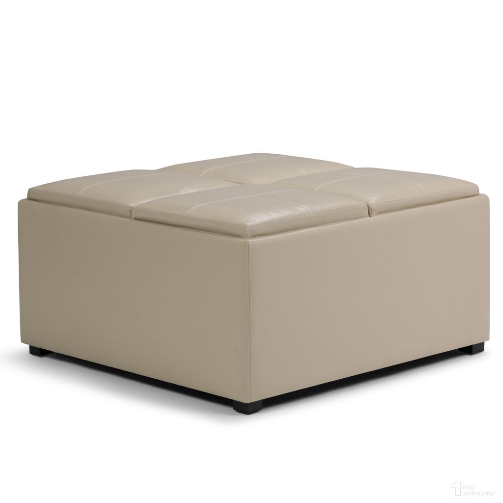 The appearance of Avalon Vegan Faux Leather Square Coffee Table Storage Ottoman In Satin Cream designed by Simpli Home in the modern / contemporary interior design. This satin cream piece of furniture  was selected by 1StopBedrooms from Avalon Collection to add a touch of cosiness and style into your home. Sku: AY-F-07-CR. Material: Faux Leather.