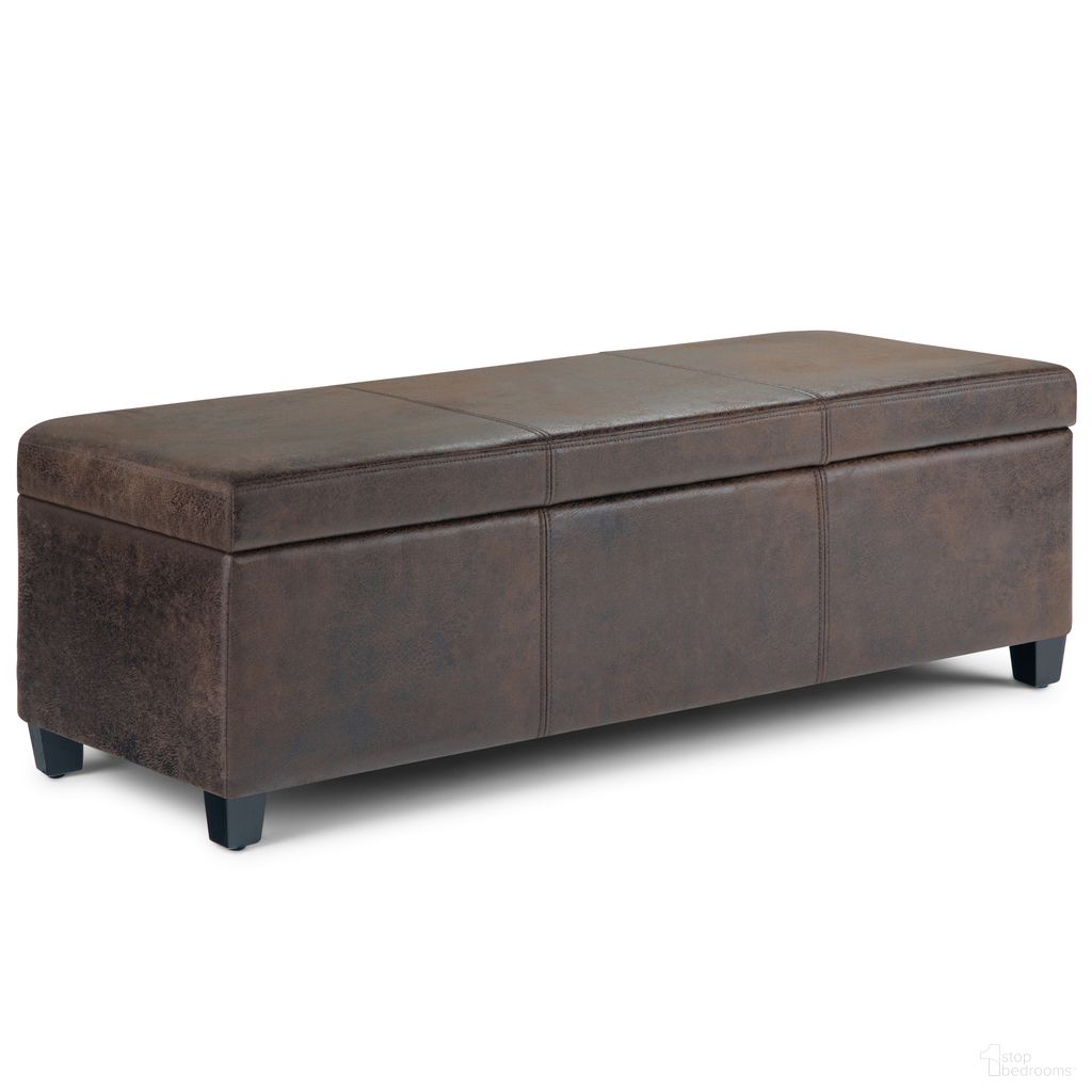 The appearance of Avalon Vegan Faux Leather Storage Ottoman Bench In Distressed Brown designed by Simpli Home in the modern / contemporary interior design. This distressed brown piece of furniture  was selected by 1StopBedrooms from Avalon Collection to add a touch of cosiness and style into your home. Sku: AXCF18-DBR. Material: Faux Leather.
