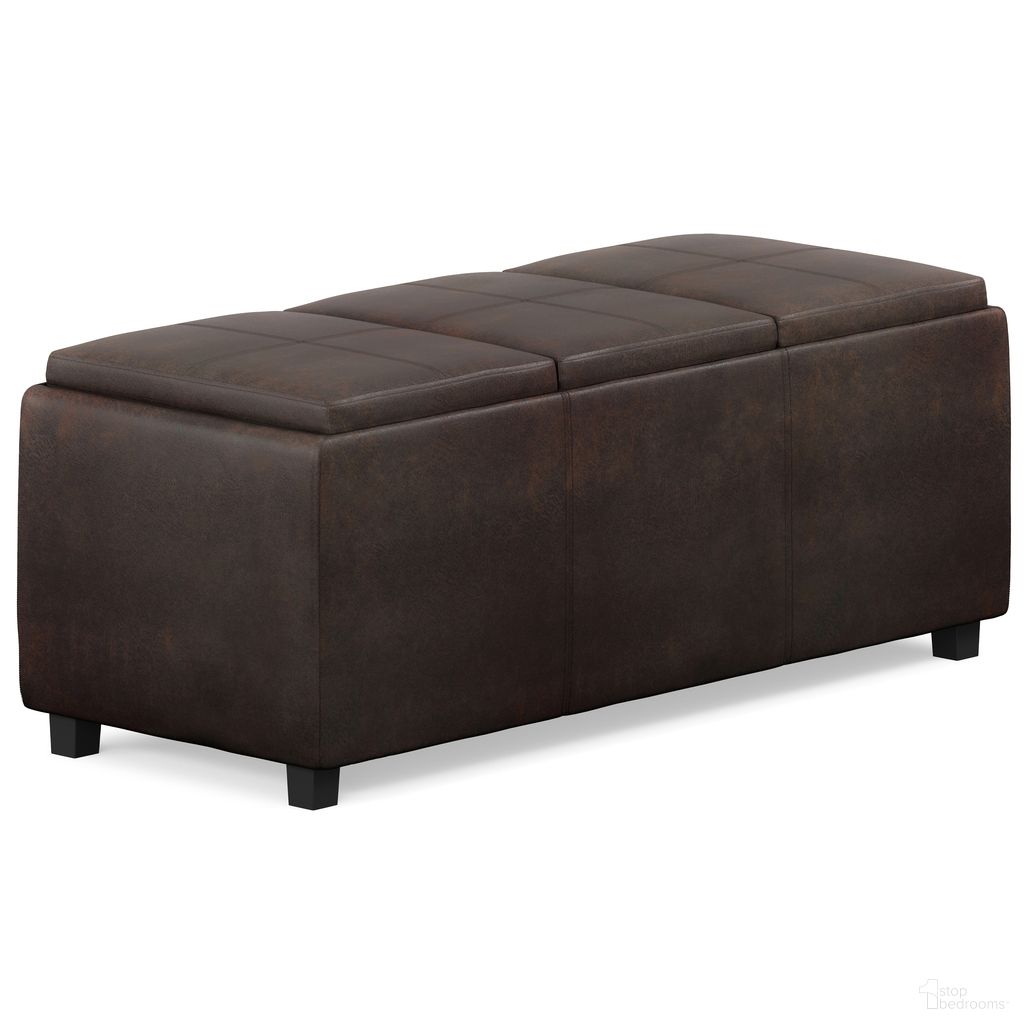 The appearance of Avalon Vegan Faux Leather Storage Ottoman In Distressed Brown designed by Simpli Home in the modern / contemporary interior design. This distressed brown piece of furniture was selected by 1StopBedrooms from Avalon Collection to add a touch of cosiness and style into your home. Sku: AVAOTBNCH02-DBR. Material: Faux Leather.