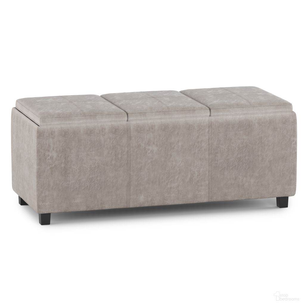The appearance of Avalon Vegan Faux Leather Storage Ottoman In Distressed Grey Taupe designed by Simpli Home in the modern / contemporary interior design. This distressed grey taupe piece of furniture  was selected by 1StopBedrooms from Avalon Collection to add a touch of cosiness and style into your home. Sku: AVAOTBNCH02-DTP. Material: Faux Leather.