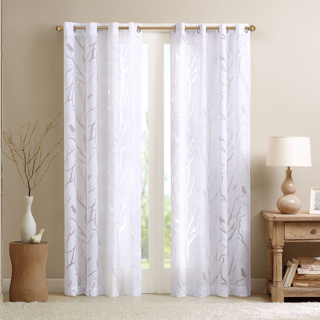 Averil Grommet Top Sheer Bird On Branches Burnout 63 Inch Window Curtain In White