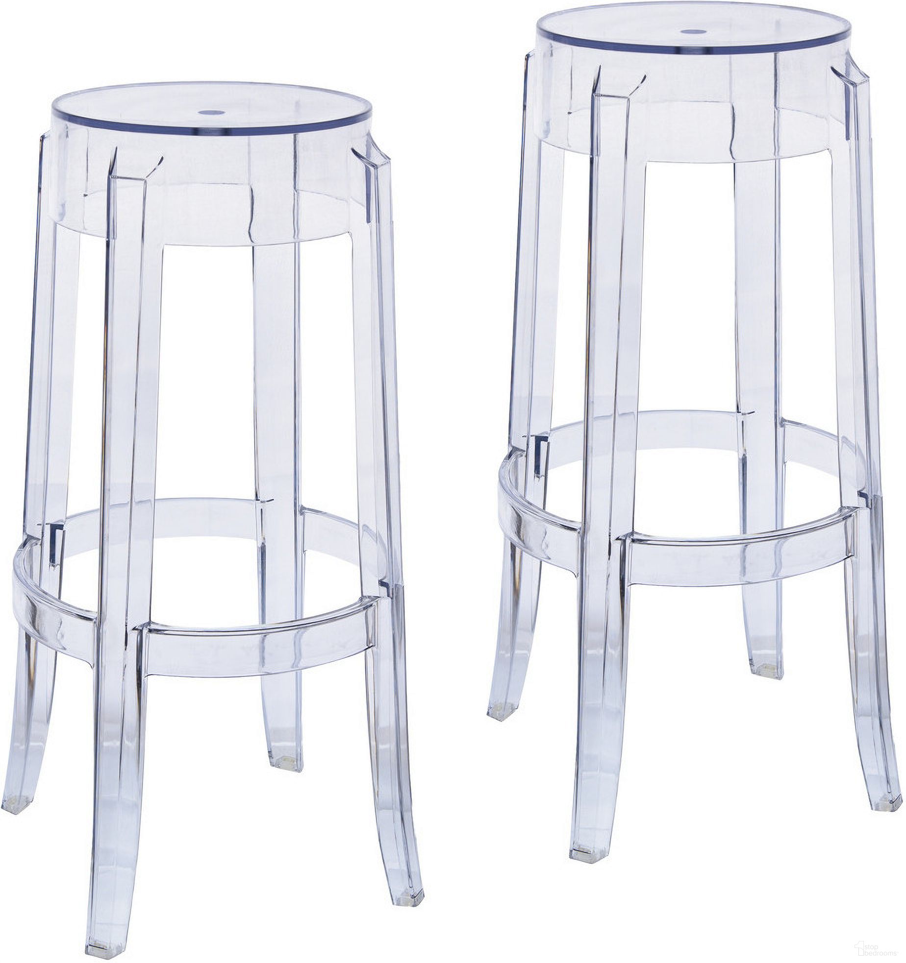 The appearance of Averill Plastic Barstool Set of 2 In Clear designed by LeisureMod in the modern / contemporary interior design. This clear piece of furniture  was selected by 1StopBedrooms from Averill Collection to add a touch of cosiness and style into your home. Sku: AS29CL2. Material: Plastic.