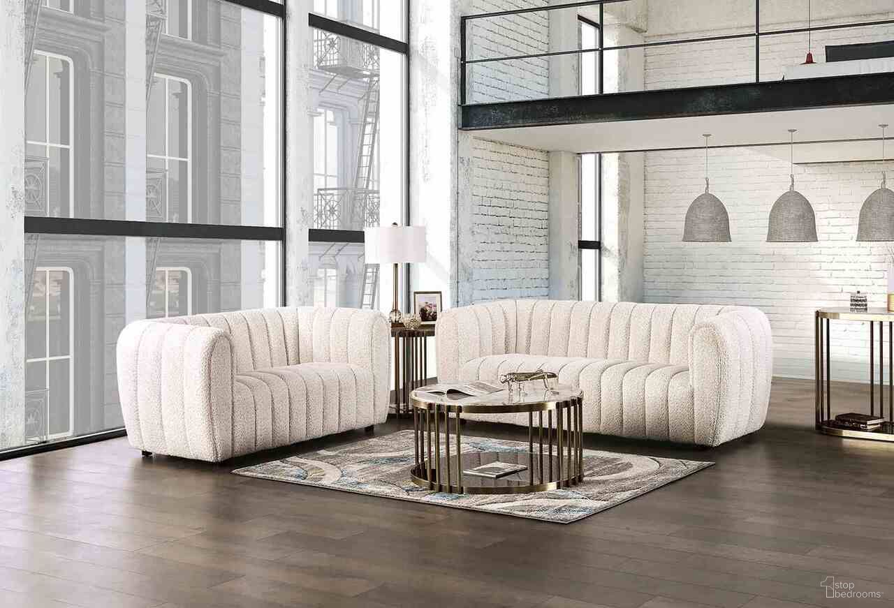 The appearance of Aversa Living Room Set In Off White designed by Furniture of America in the modern / contemporary interior design. This off white piece of furniture  was selected by 1StopBedrooms from Aversa Collection to add a touch of cosiness and style into your home. Sku: FM61002WH-SF;FM61002WH-LV. Material: Boucle.