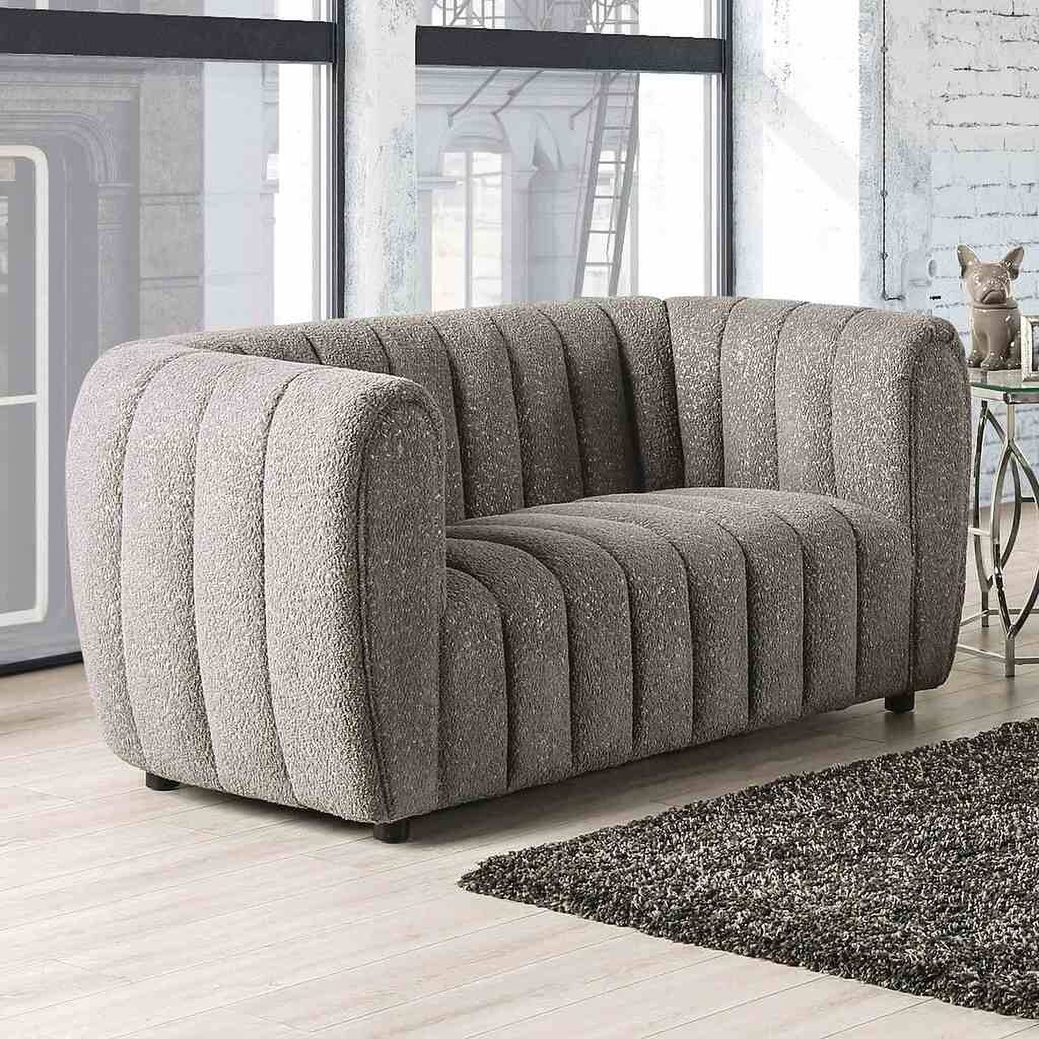 The appearance of Aversa Loveseat In Charcoal Gray designed by Furniture of America in the modern / contemporary interior design. This charcoal gray piece of furniture was selected by 1StopBedrooms from Aversa Collection to add a touch of cosiness and style into your home. Sku: FM61002GY-LV. Material: Boucle.