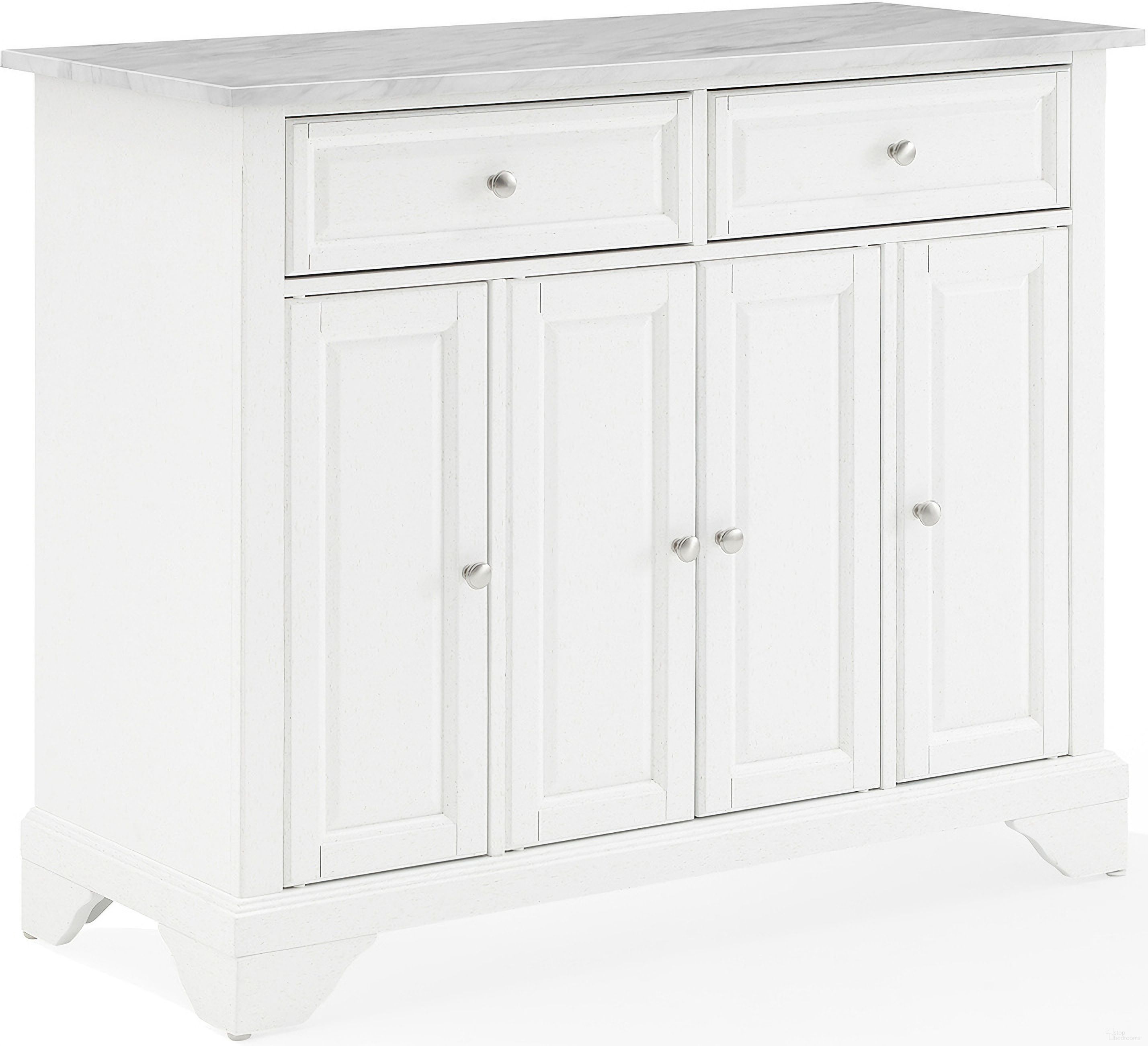 Avery Kitchen Island/Cart In Distressed White and White Marble