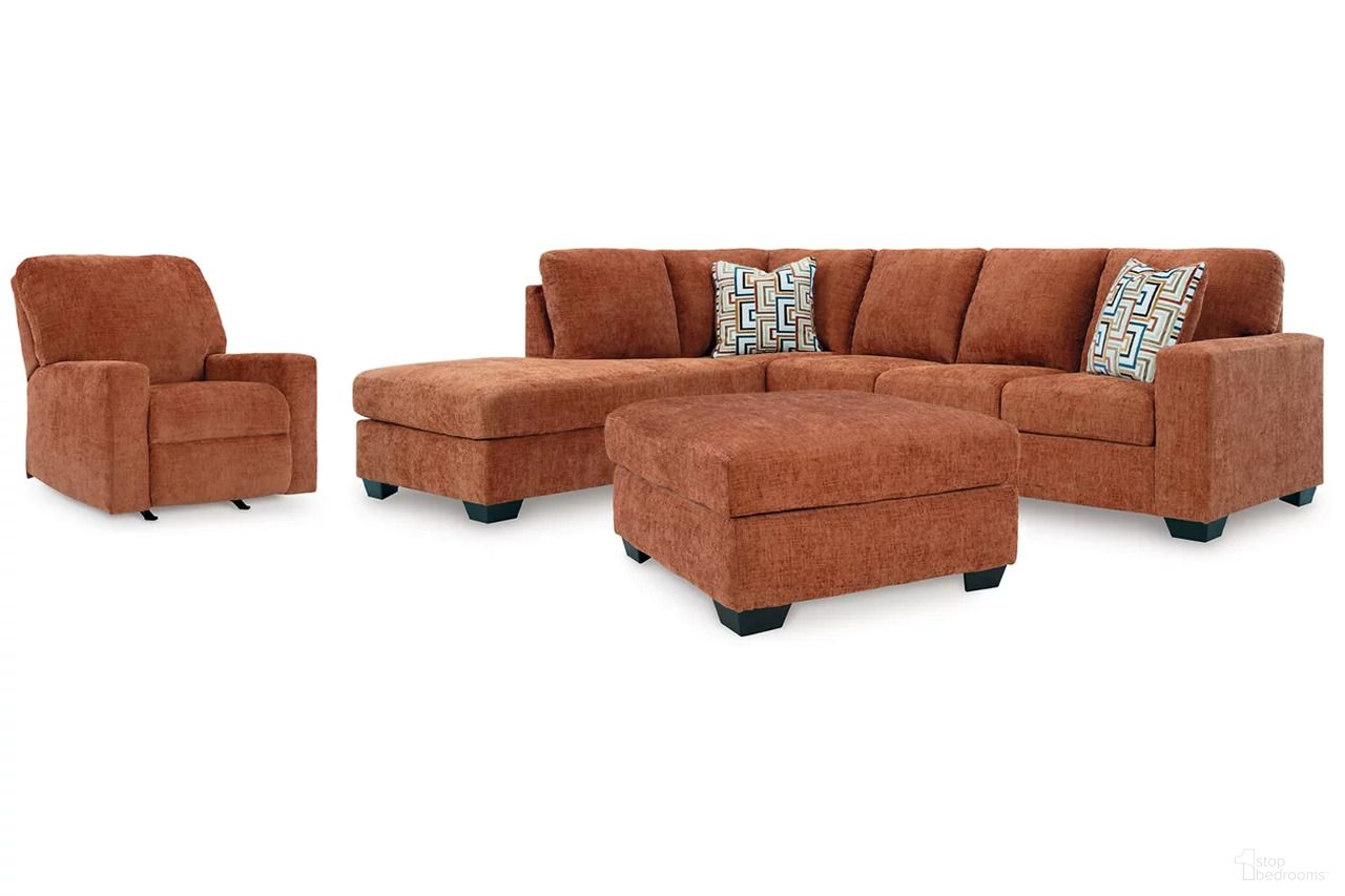The appearance of Aviemore 2-Piece Sectional with Chaise, Recliner and Ottoman In Spice designed by Signature Design by Ashley in the transitional interior design. This spice piece of furniture  was selected by 1StopBedrooms from Aviemore Collection to add a touch of cosiness and style into your home. Sku: 2430416;2430425;2430467;2430408. Material: Fabric.