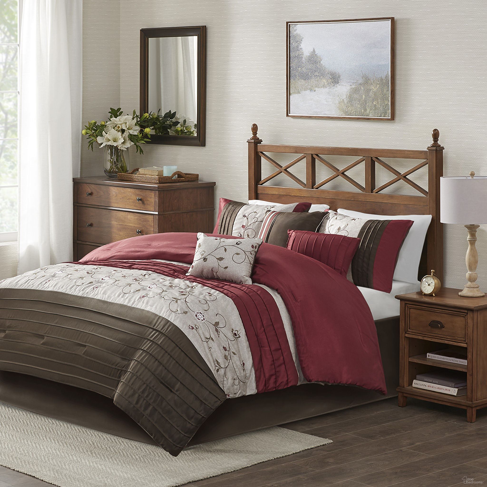 The appearance of Avila Polyester Polyoni Pieced Solid King Comforter 7 Piece Set with Embroidery In Red designed by Olliix in the transitional interior design. This red piece of furniture was selected by 1StopBedrooms from Serene Collection to add a touch of cosiness and style into your home. Sku: MP10-308. Material: Polyester. Bed Size: King.