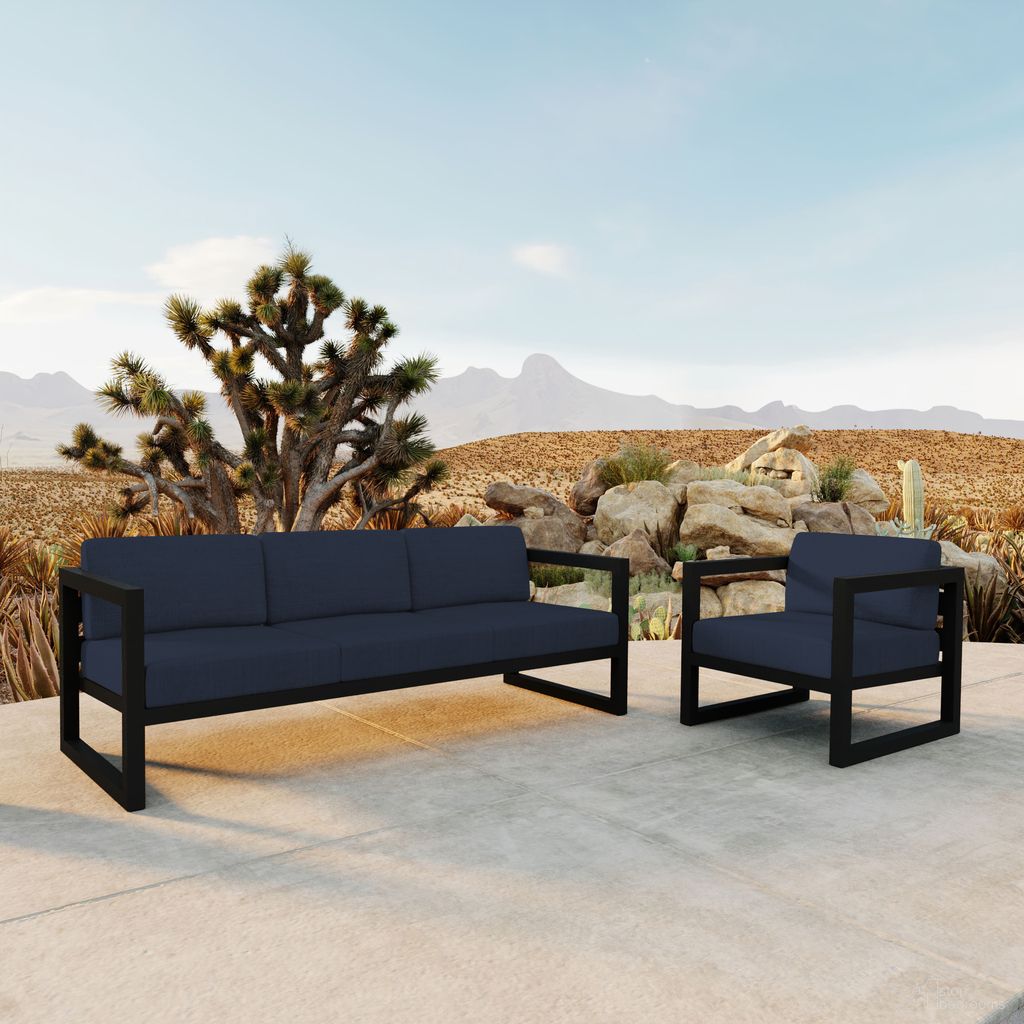 The appearance of Avion 2 Piece Sofa Set In Spectrum Indigo and Black designed by Harmonia Living in the transitional interior design. This spectrum indigo/black piece of furniture was selected by 1StopBedrooms from Avion Collection to add a touch of cosiness and style into your home. Sku: HL-AVN-BK-2SS-IN. Material: Aluminum.