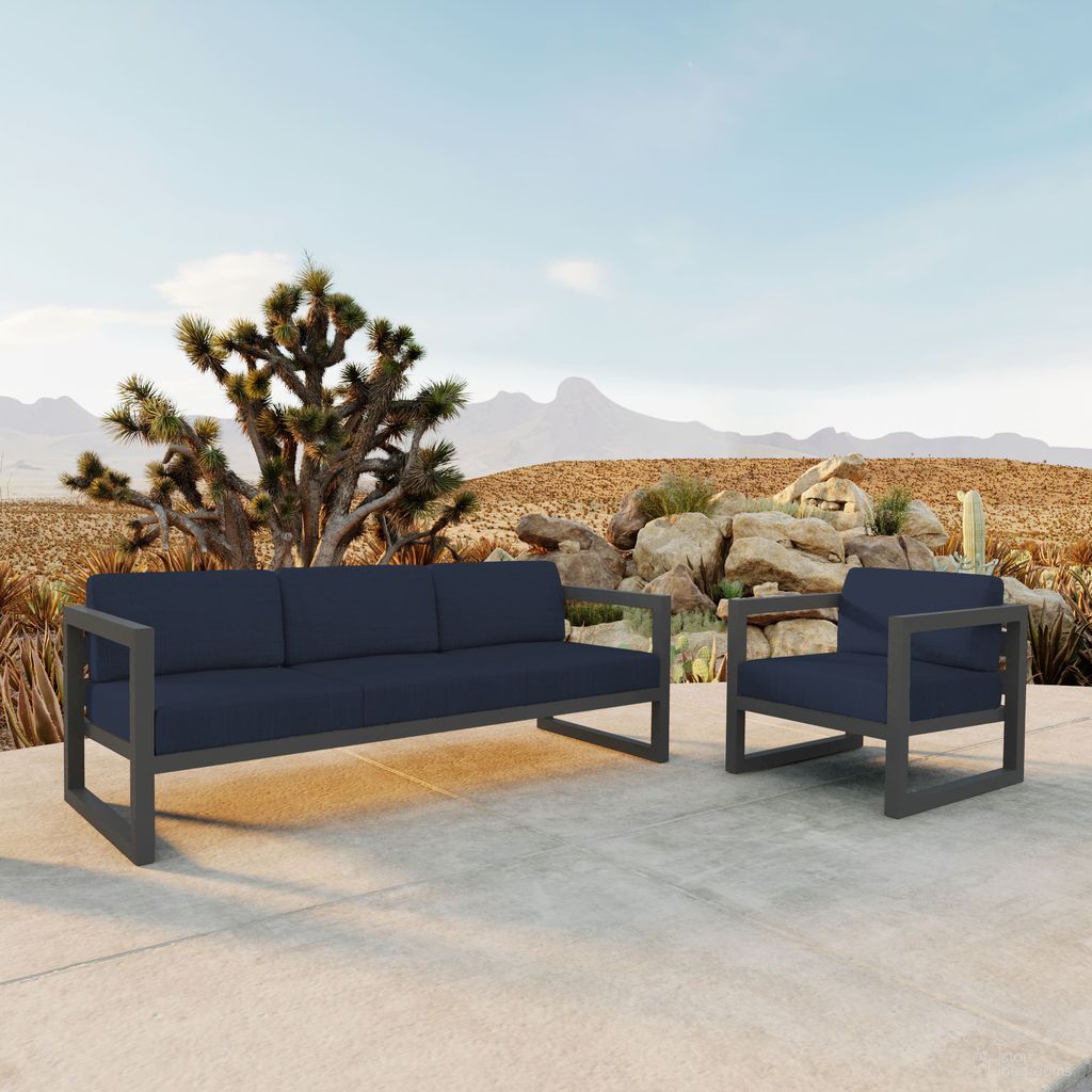 The appearance of Avion 2 Piece Sofa Set In Spectrum Indigo and Slate designed by Harmonia Living in the transitional interior design. This spectrum indigo/slate piece of furniture was selected by 1StopBedrooms from Avion Collection to add a touch of cosiness and style into your home. Sku: HL-AVN-SL-2SS-IN. Material: Aluminum.