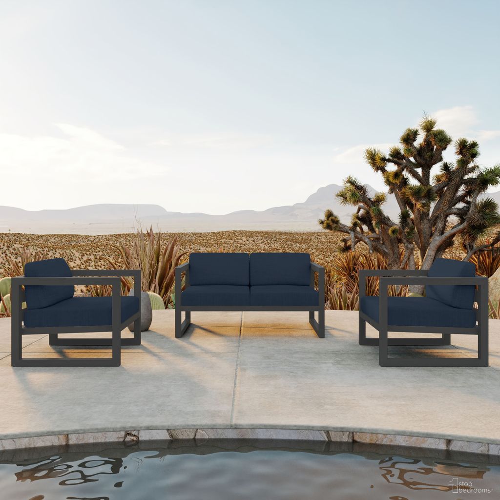 The appearance of Avion 3 Piece Loveseat Set In Spectrum Indigo and Slate designed by Harmonia Living in the transitional interior design. This spectrum indigo/slate piece of furniture was selected by 1StopBedrooms from Avion Collection to add a touch of cosiness and style into your home. Sku: HL-AVN-SL-3LSS-IN. Material: Aluminum.