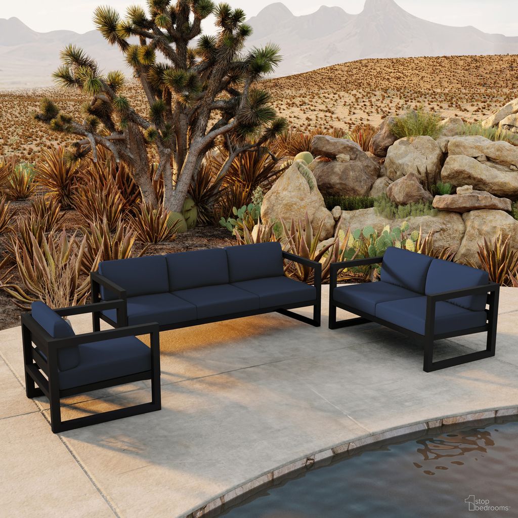 The appearance of Avion 3 Piece Sofa Loveseat Set In Spectrum Indigo and Black designed by Harmonia Living in the transitional interior design. This spectrum indigo/black piece of furniture was selected by 1StopBedrooms from Avion Collection to add a touch of cosiness and style into your home. Sku: HL-AVN-BK-3SLSS-IN. Material: Aluminum.