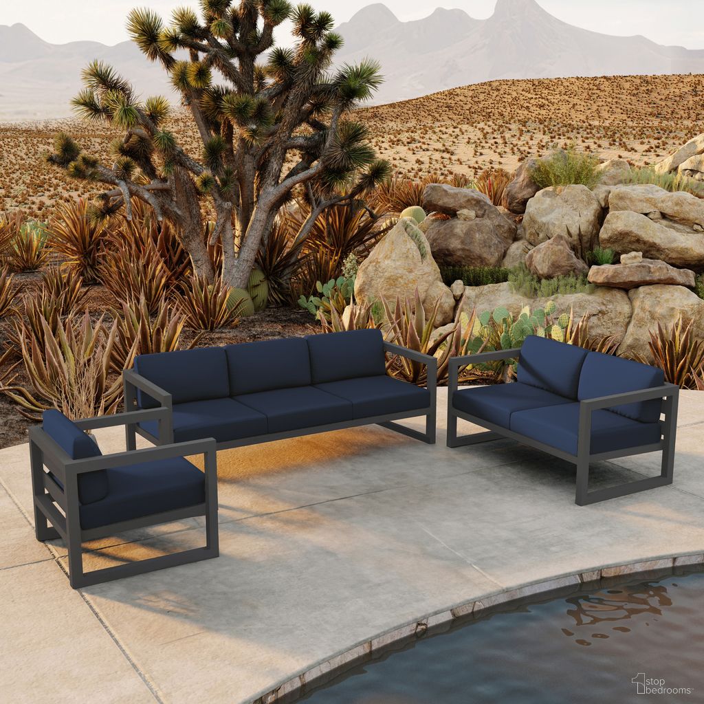 The appearance of Avion 3 Piece Sofa Loveseat Set In Spectrum Indigo and Slate designed by Harmonia Living in the transitional interior design. This spectrum indigo/slate piece of furniture was selected by 1StopBedrooms from Avion Collection to add a touch of cosiness and style into your home. Sku: HL-AVN-SL-3SLSS-IN. Material: Aluminum.