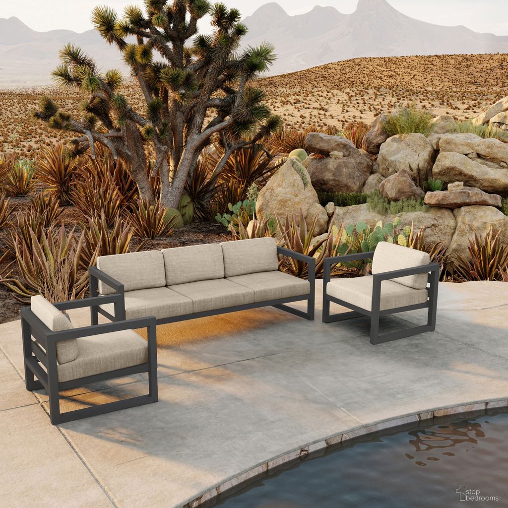 The appearance of Avion 3 Piece Sofa Set In Canvas Flax and Slate designed by Harmonia Living in the transitional interior design. This canvas flax/slate piece of furniture was selected by 1StopBedrooms from Avion Collection to add a touch of cosiness and style into your home. Sku: AVN-SL-SET141-CF. Material: Aluminum.