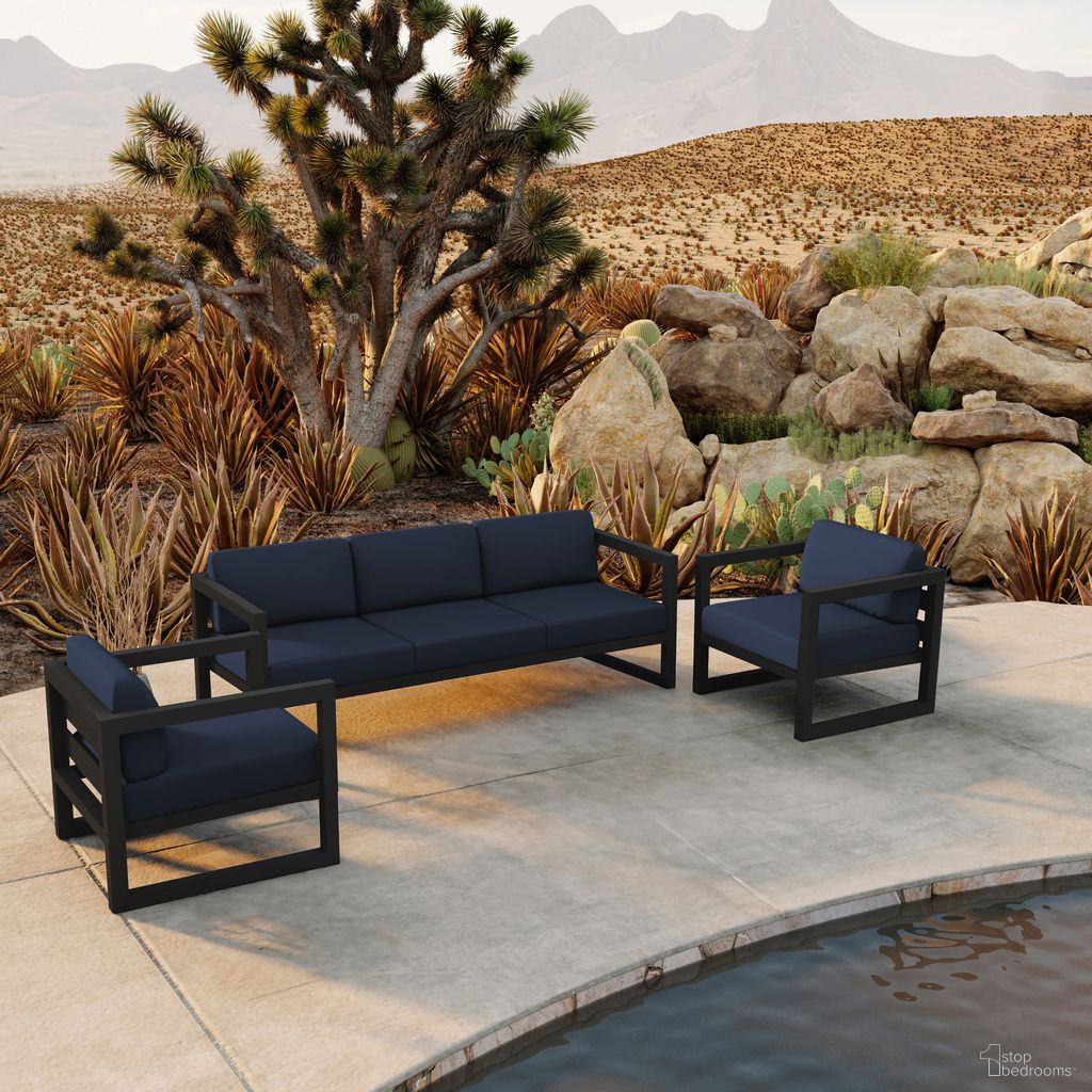 The appearance of Avion 3 Piece Sofa Set In Spectrum Indigo and Black designed by Harmonia Living in the transitional interior design. This spectrum indigo/black piece of furniture was selected by 1StopBedrooms from Avion Collection to add a touch of cosiness and style into your home. Sku: AVN-BK-SET141-IN. Material: Aluminum.