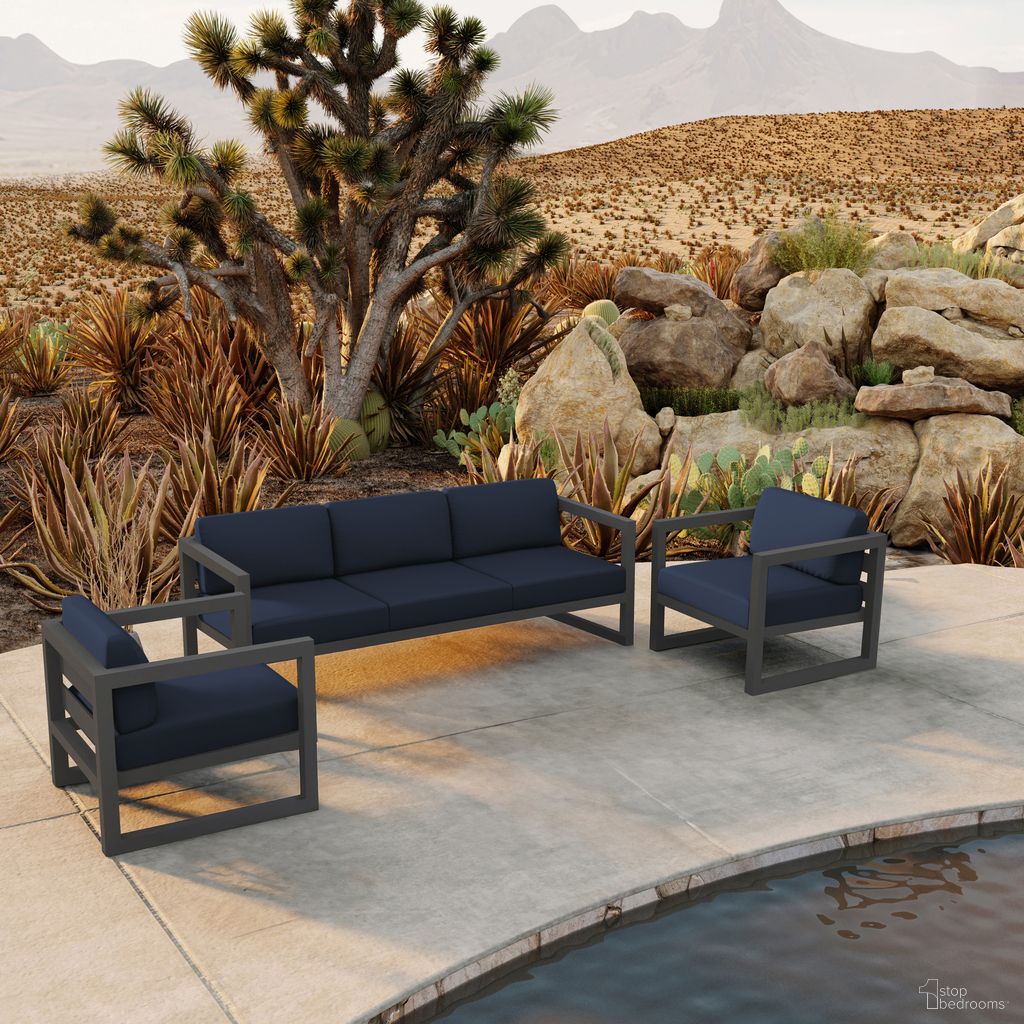 The appearance of Avion 3 Piece Sofa Set In Spectrum Indigo and Slate designed by Harmonia Living in the transitional interior design. This spectrum indigo/slate piece of furniture was selected by 1StopBedrooms from Avion Collection to add a touch of cosiness and style into your home. Sku: AVN-SL-SET141-IN. Material: Aluminum.