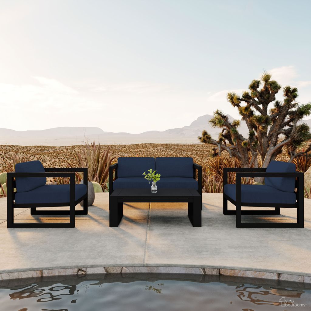 The appearance of Avion 4 Piece Loveseat Set In Spectrum Indigo and Black designed by Harmonia Living in the transitional interior design. This spectrum indigo/black piece of furniture was selected by 1StopBedrooms from Avion Collection to add a touch of cosiness and style into your home. Sku: HL-AVN-BK-4SS-IN. Material: Aluminum.