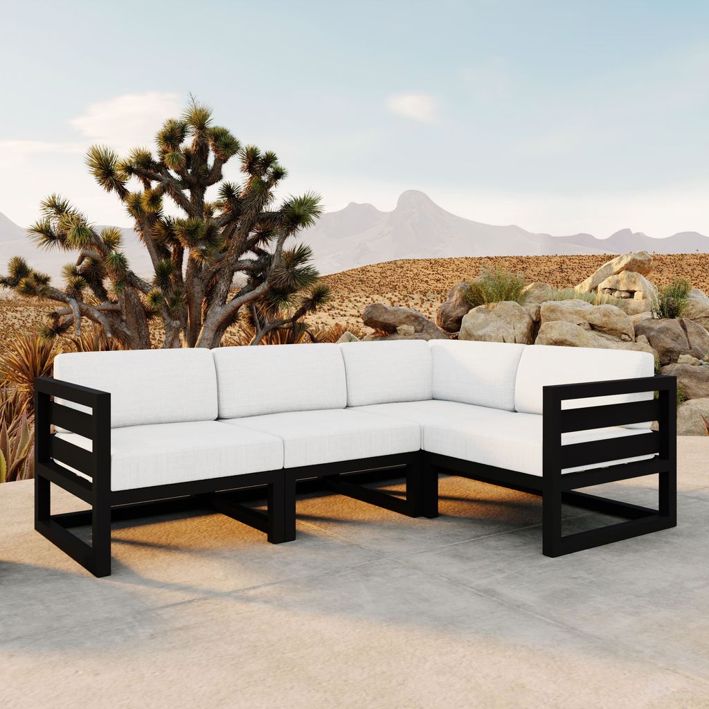 The appearance of Avion 4 Piece Sectional Set In Canvas Natural and Black designed by Harmonia Living in the transitional interior design. This canvas natural/black piece of furniture was selected by 1StopBedrooms from Avion Collection to add a touch of cosiness and style into your home. Sku: HL-AVN-BK-4SEC-CN. Material: Aluminum.